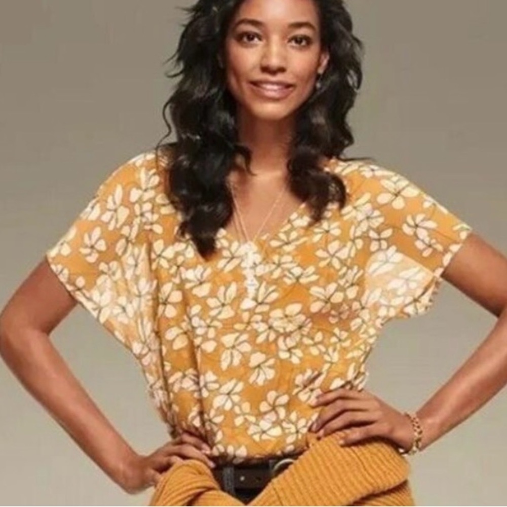CAbi Mustard Floral V-Neck Dolman Sleeve Top